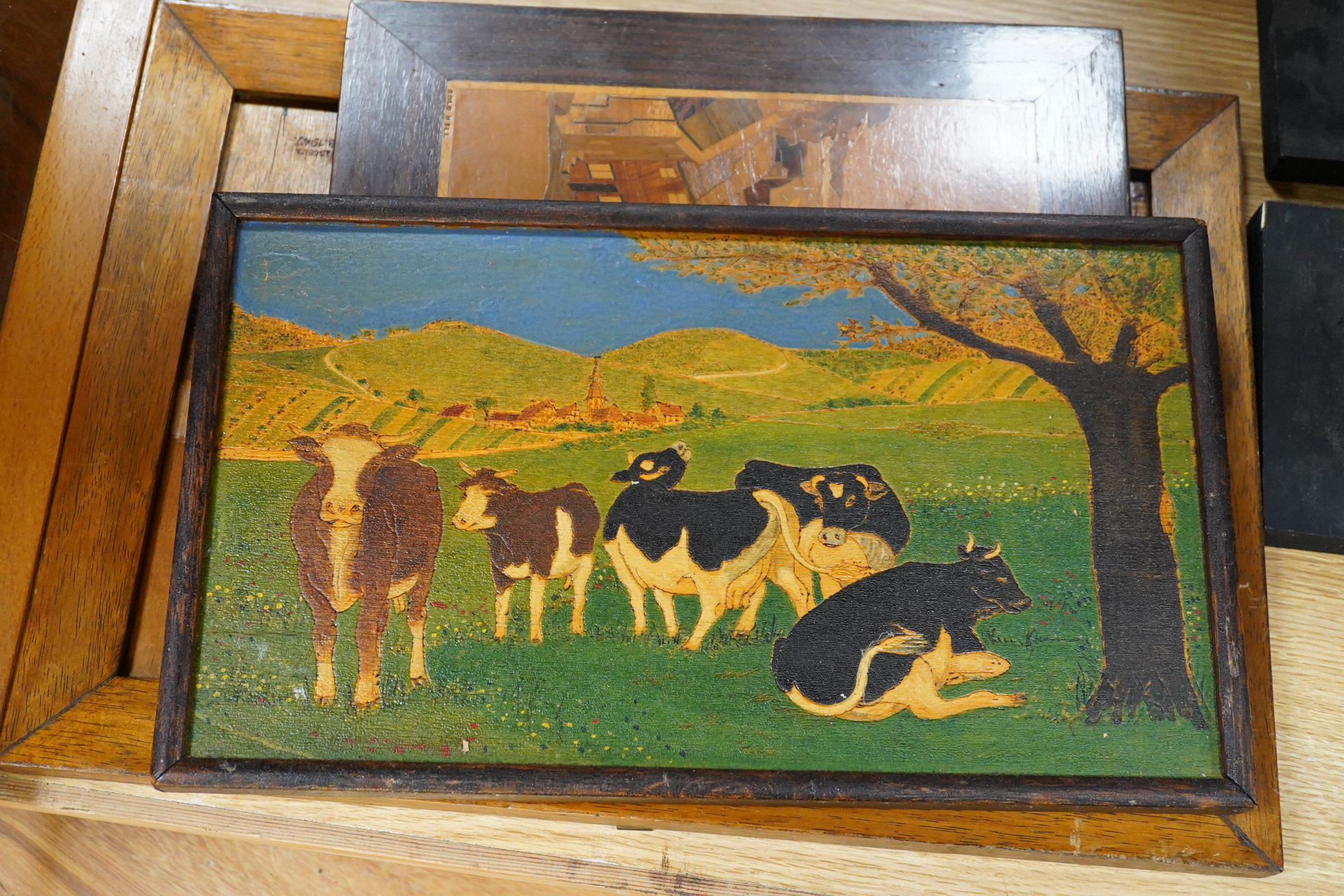 A large fan shaped wooden marquetry panel - 50cm high, a similar tray and two pictures, including three other similar pictures (6)